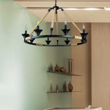 Hinnes Gothic Wagon Wheel Light Fixture with 8 Bulb Overhead Lighting and Vintage Rope Decor for Home, Living or Dining Room, Foyer, or Entryway, Dimmable Options